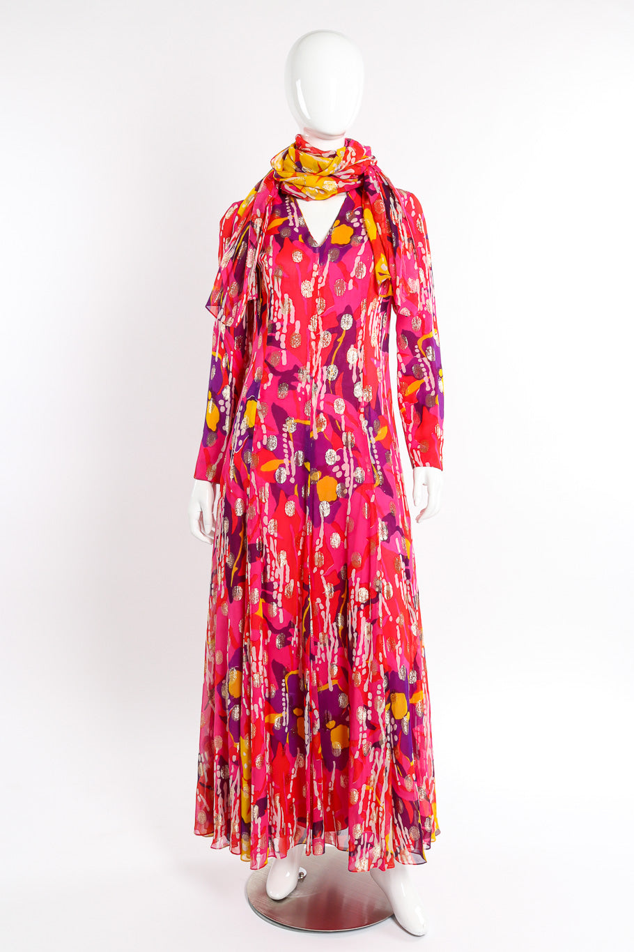 Vintage Doreen Loh Abstract Floral Print Maxi Dress front view on mannequin with sash around neck @Recessla