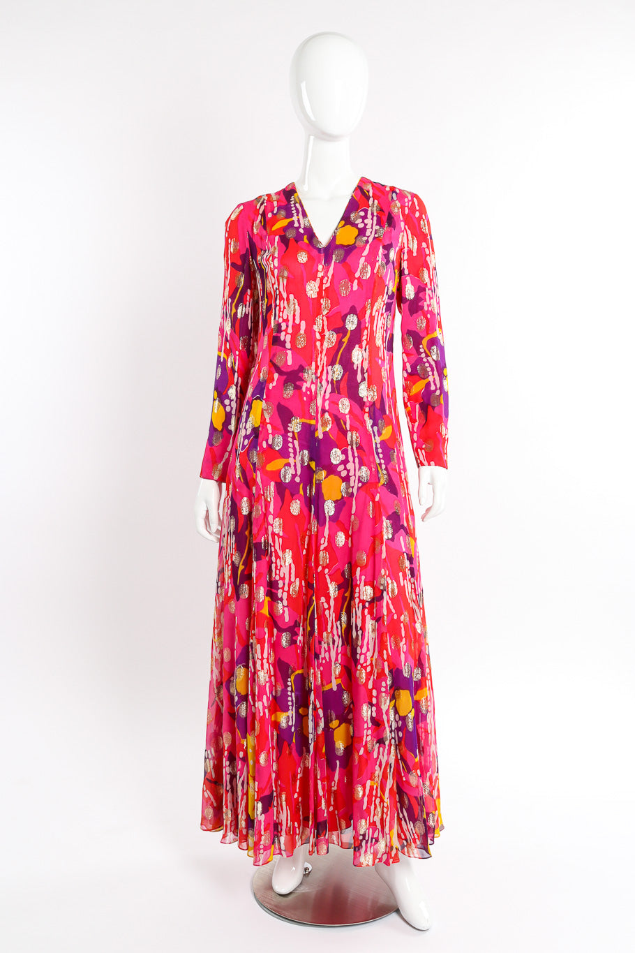 Vintage Doreen Loh Abstract Floral Print Maxi Dress front view on mannequin @Recessla