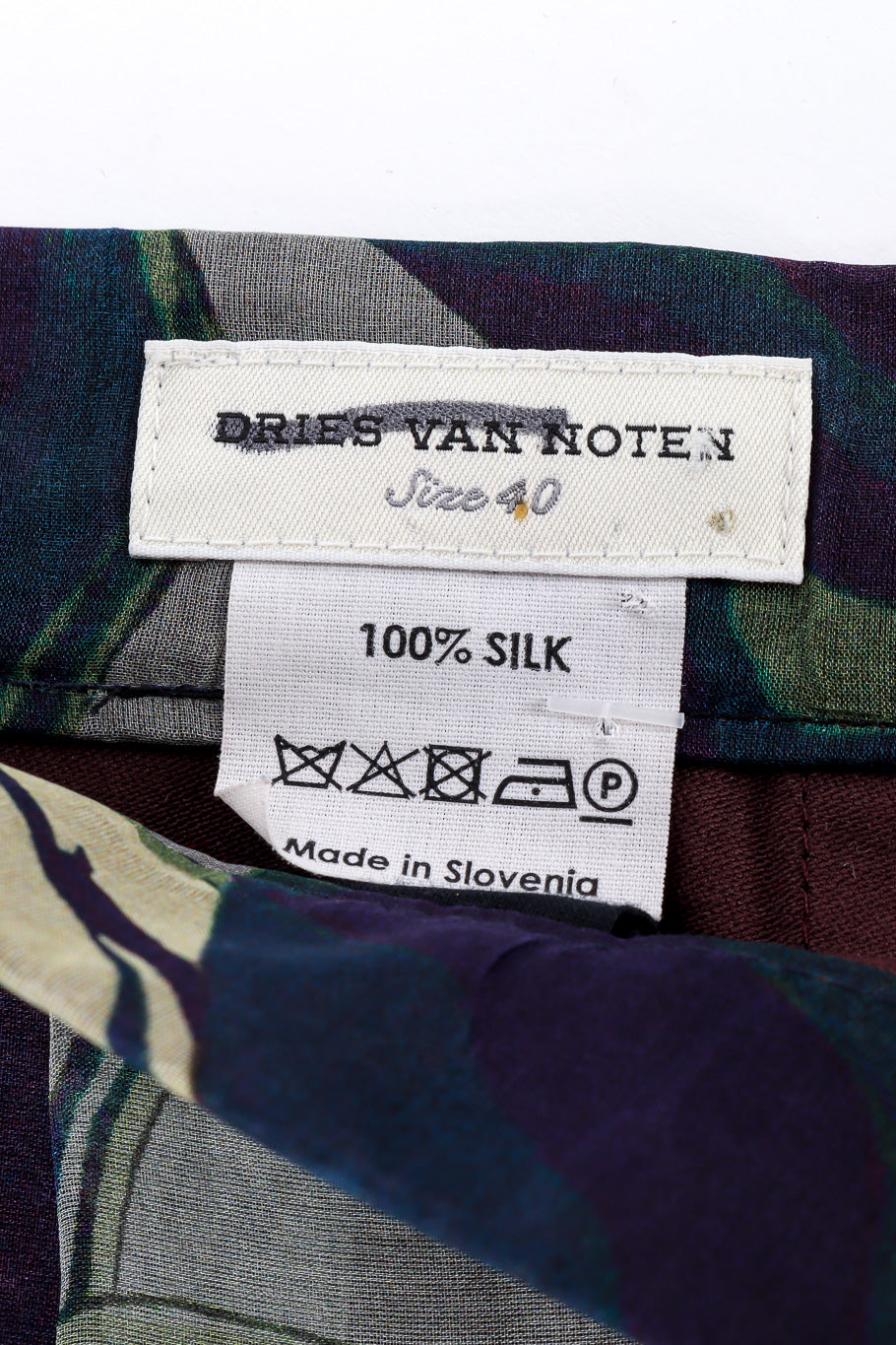 Dries Van Noten Floral Silk Lounge Pant label with strikethrough mark closeup @Recessla