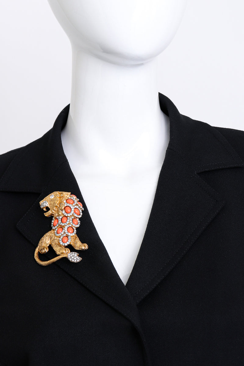 Kenneth Jay Lane Crystal & Coral Stone Lion Brooch worn @RECESS LA