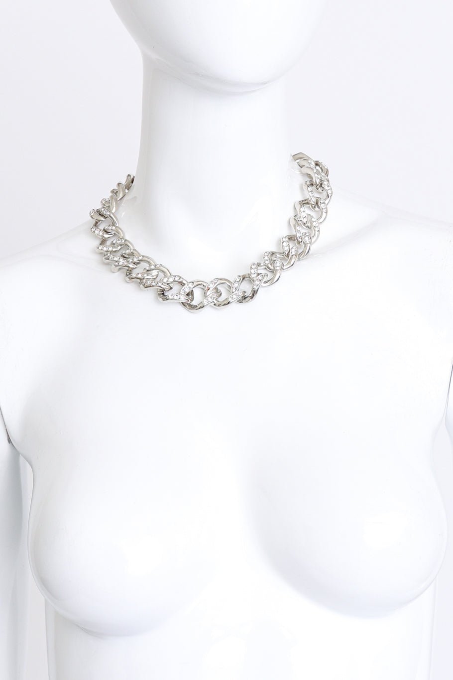 Vintage Kenneth Jay Lane Silver Rhinestone Curb Chain Necklace on mannequin @recess la