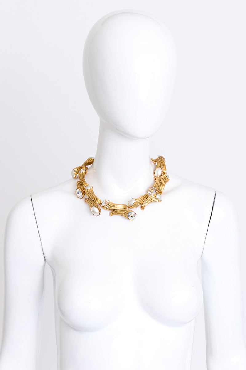 Kenneth Jay Lane Crystal & Pearl Cornucopia Collar Necklace mannequin @RECESS LA