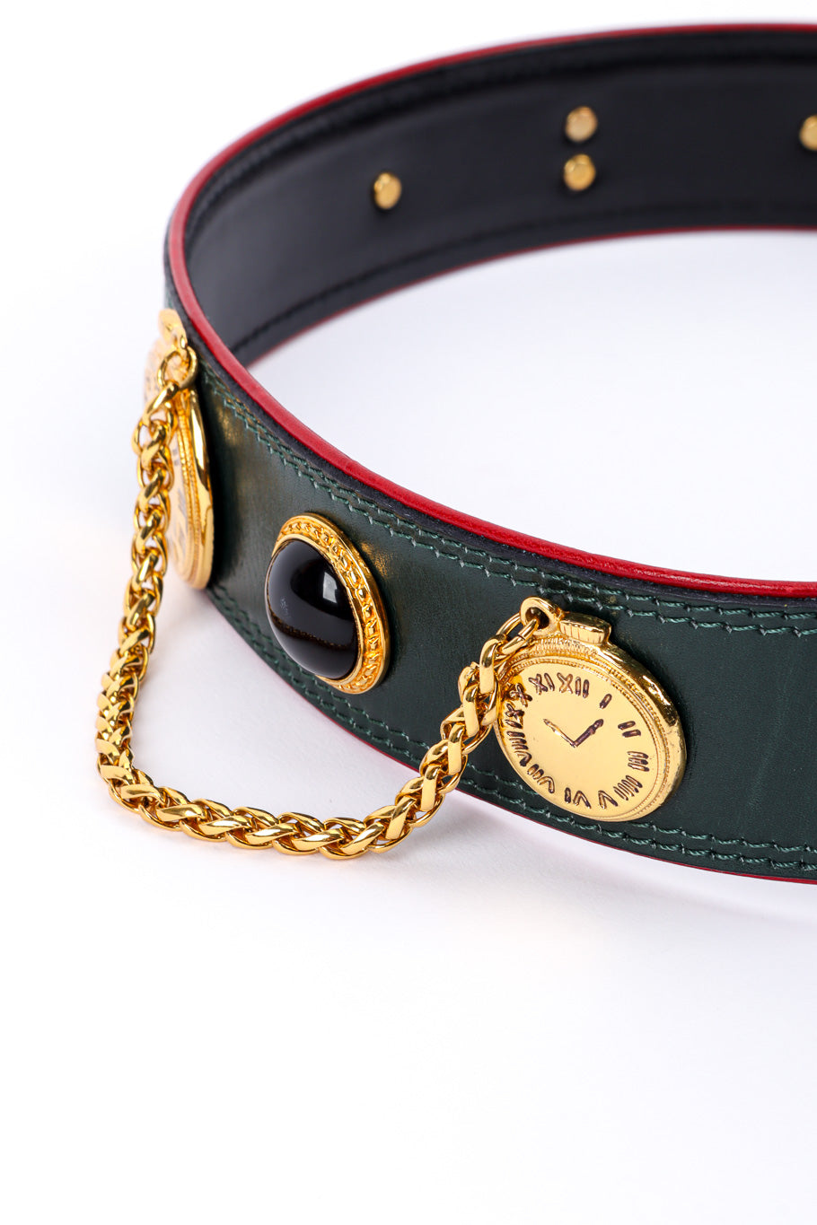 Vintage Escada Roman Clock Leather Belt chain drape closeup @recessla