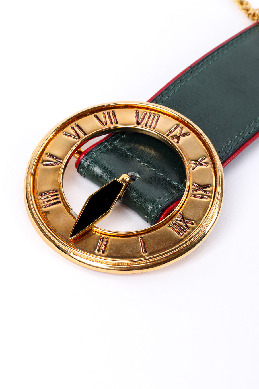 Vintage Escada Roman Clock Leather Belt buckle closeup @recessla