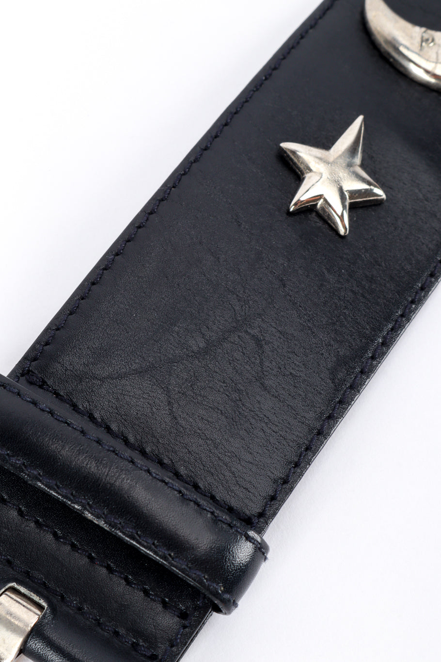 Vintage Escada Moon & Star Studded Belt scratched leather closeup @recess la