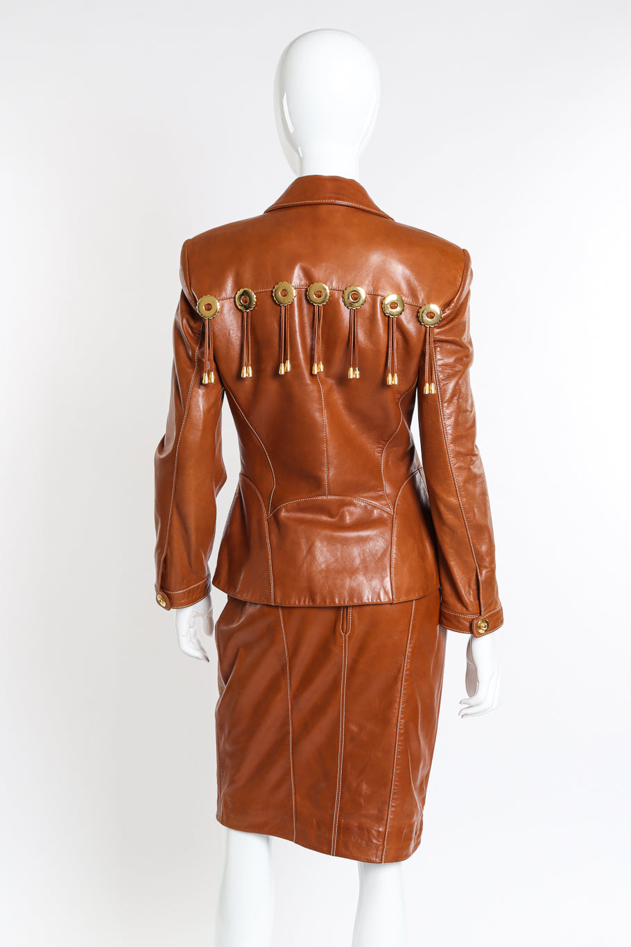 Vintage Escada Leather Fringe Jacket & Skirt Set back on mannequin @recessla