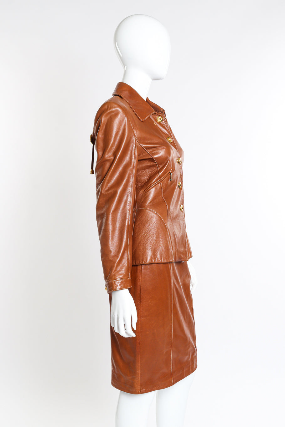 Vintage Escada Leather Fringe Jacket & Skirt Set side on mannequin @recessla