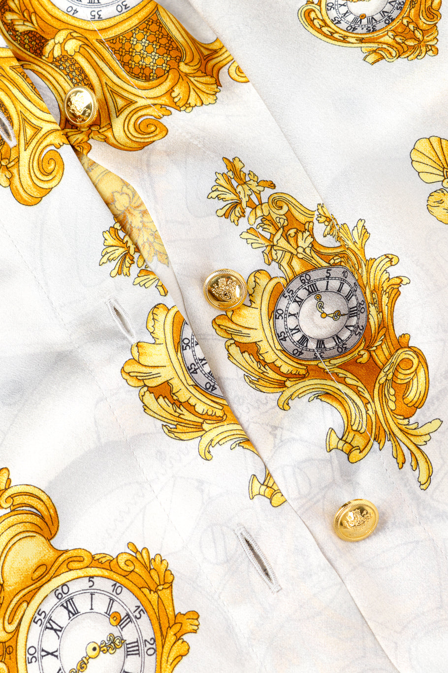 Vintage Escada Baroque Clock Print Silk Blouse front button closure @recess la