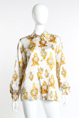 Vintage Escada Baroque Clock Print Silk Blouse front on mannequin @recess la