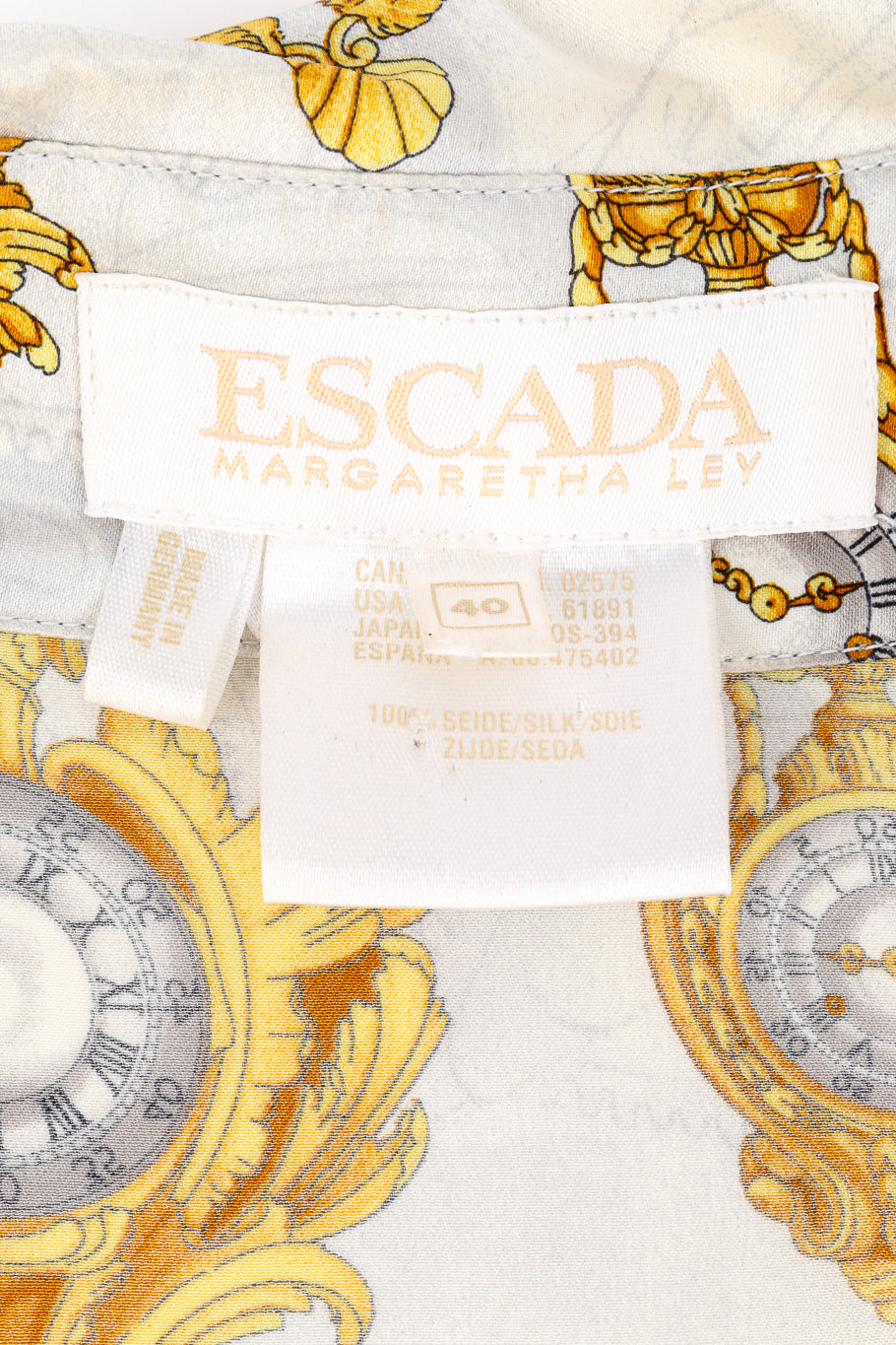 Vintage Escada Baroque Clock Print Silk Blouse signature label @recess la