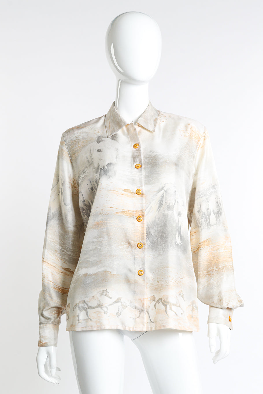 Long sleeve silk blouse with wild horses graphic print by Escada front view on mannequin @Recess LA