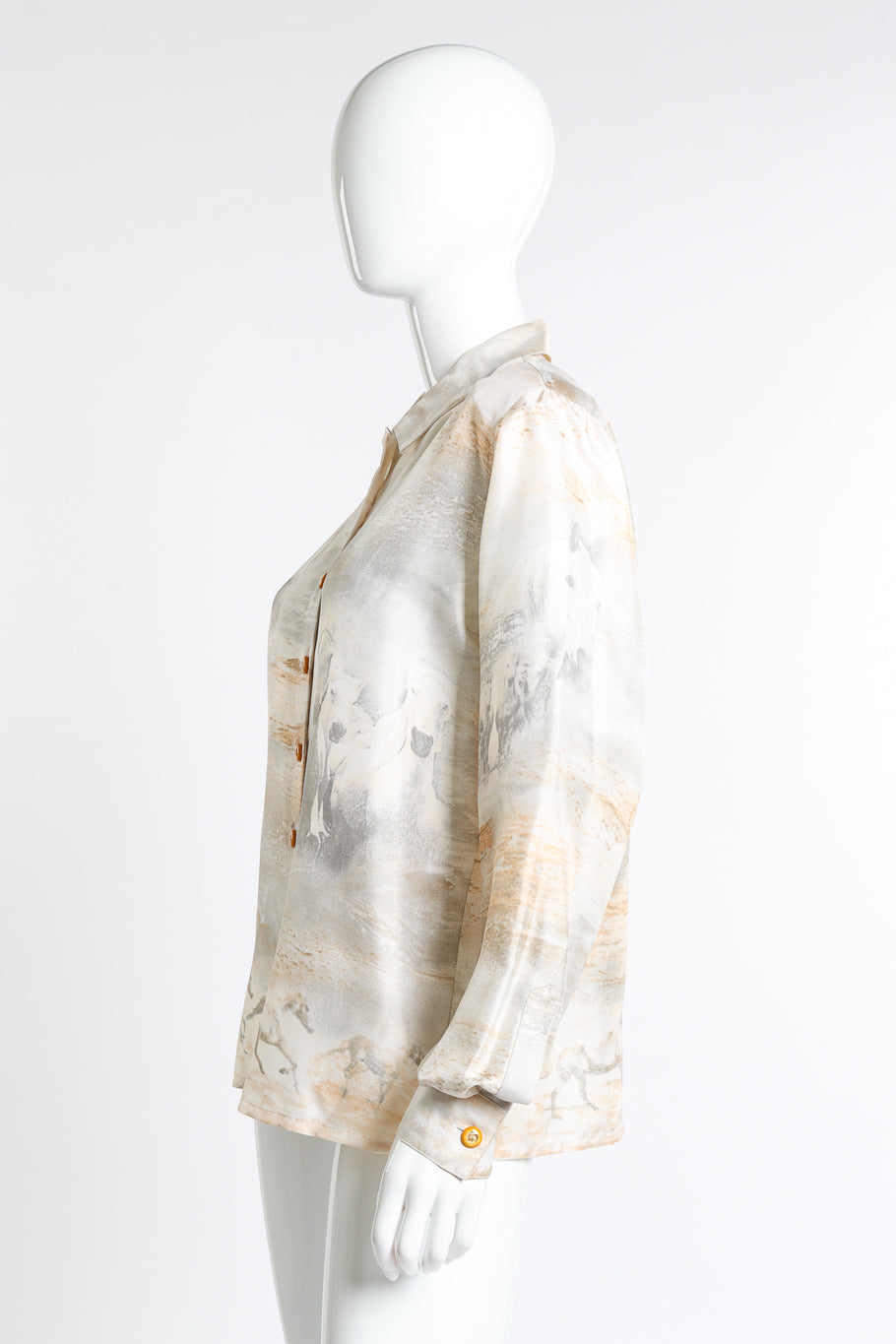 Long sleeve silk blouse with wild horses graphic print by Escada left sleeve view on mannequin @Recess LA