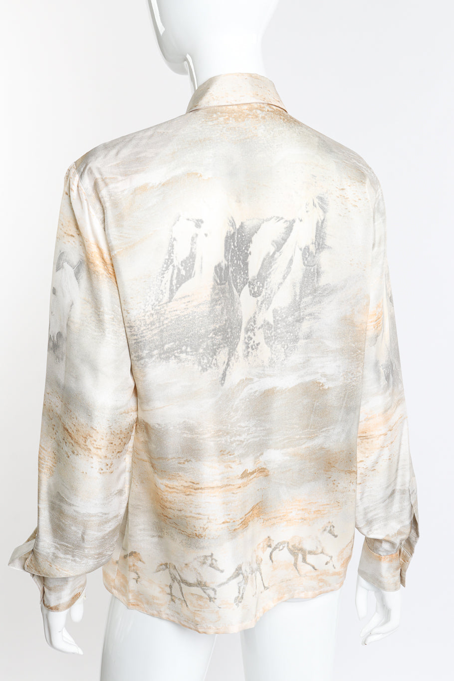 Long sleeve silk blouse with wild horses graphic print by Escada back view on mannequin @Recess LA