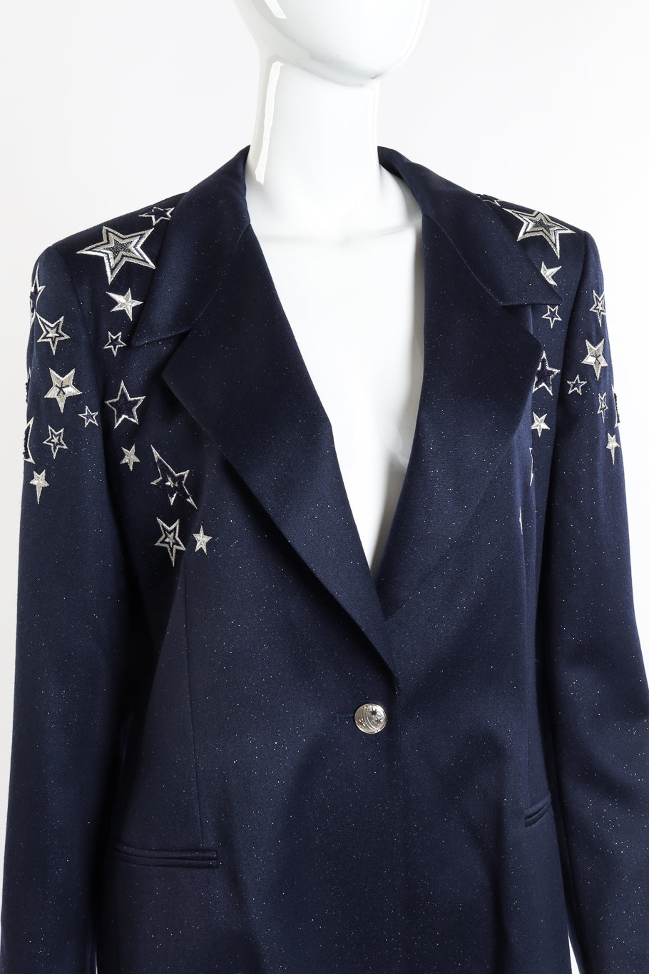 Vintage Escada Embroidered Star Glitter Wool Blazer front on mannequin closeup @recessla