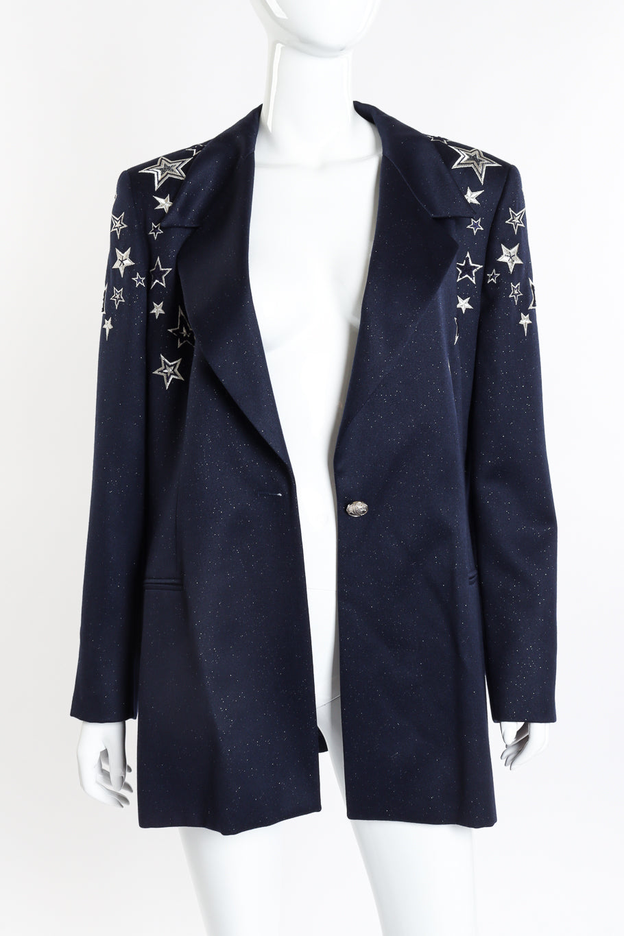 Vintage Escada Embroidered Star Glitter Wool Blazer open front on mannequin @recessla