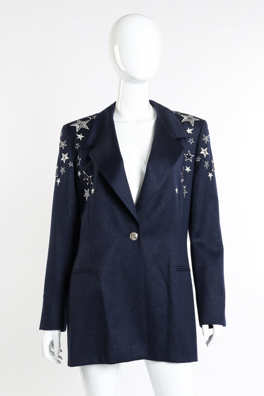 Vintage Escada Embroidered Star Glitter Wool Blazer front on mannequin @recessla