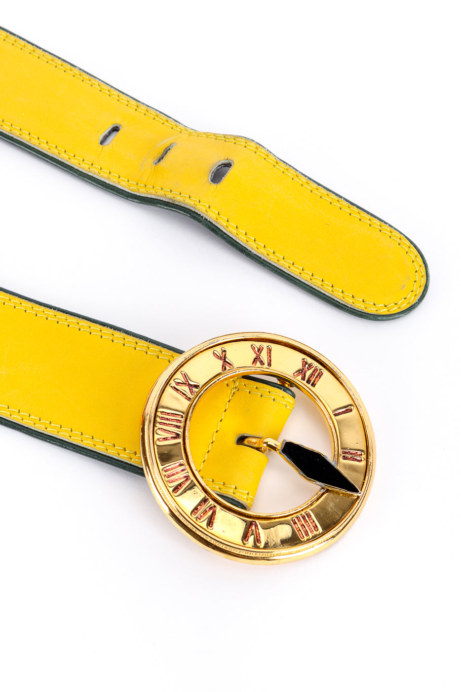 Vintage Escada Roman Clock Leather Belt II buckle closeup @recess la