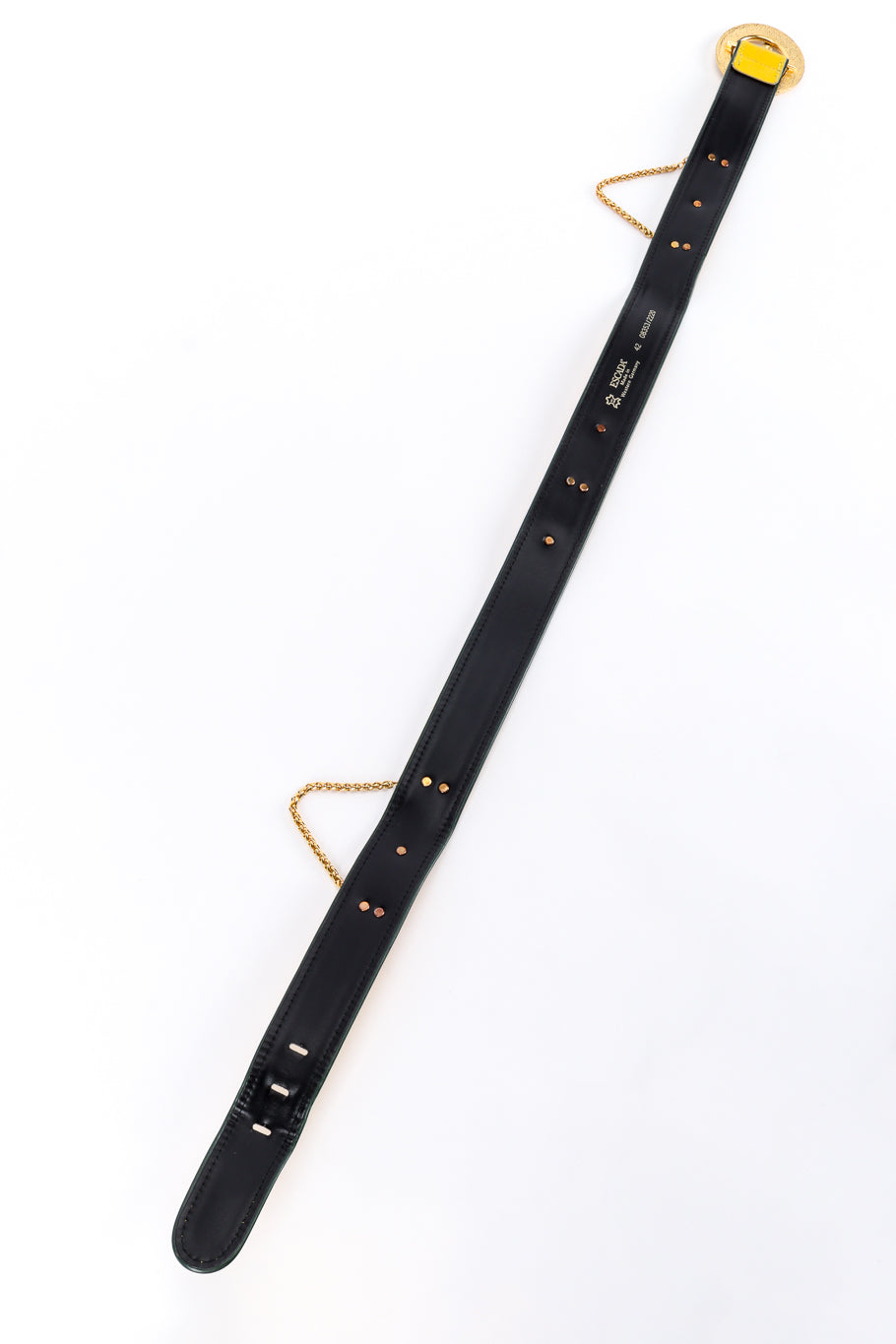 Vintage Escada Roman Clock Leather Belt II back fully extended @recess la