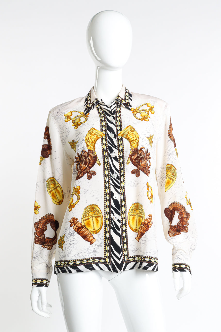 Vintage Escada African Motif Silk Blouse front on mannequin @recess la