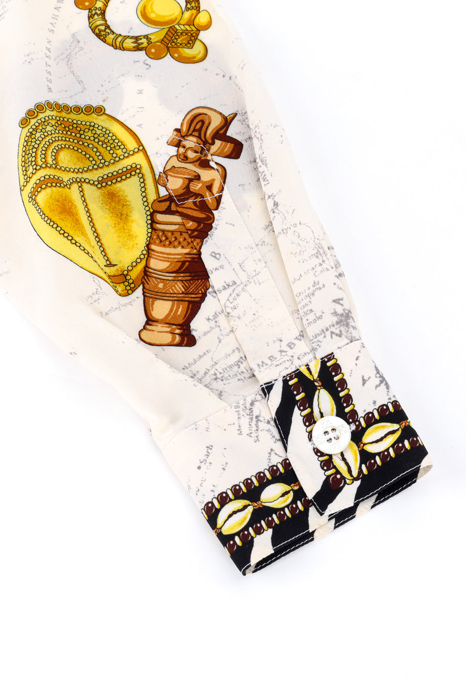 Vintage Escada African Motif Silk Blouse button sleeve closeup @recess la