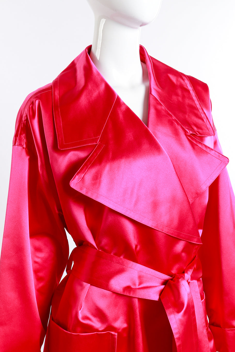 Vintage Escada Oversized Silk Trench Coat front on mannequin closeup @recess la