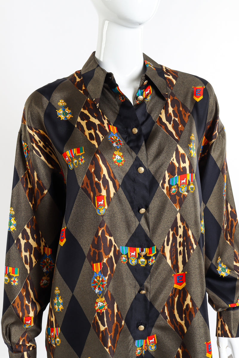 Vintage Escada Graphic Harlequin Silk Blouse front on mannequin closeup @recessla