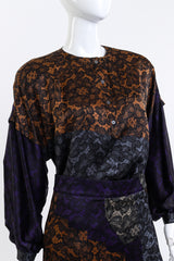 Vintage Escada Lace Print Silk Top & Skirt Set front on mannequin top closeup @recess la