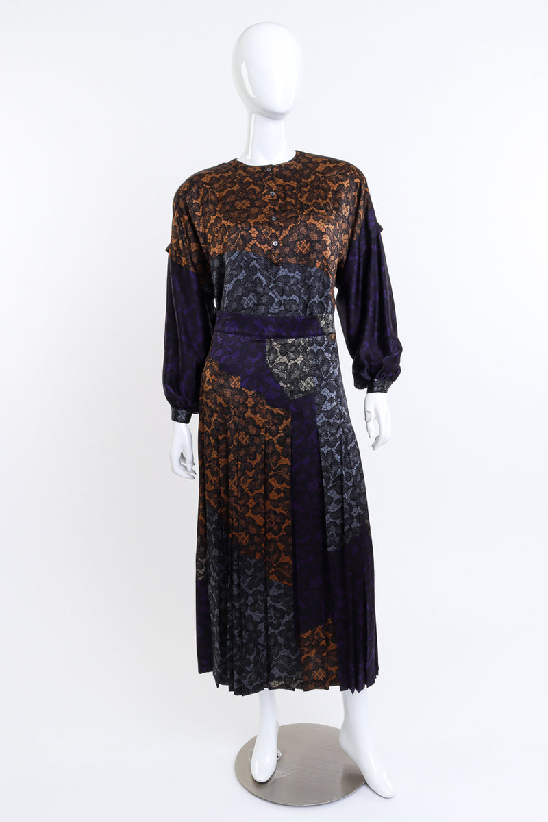 Vintage Escada Lace Print Silk Top & Skirt Set front on mannequin @recess la