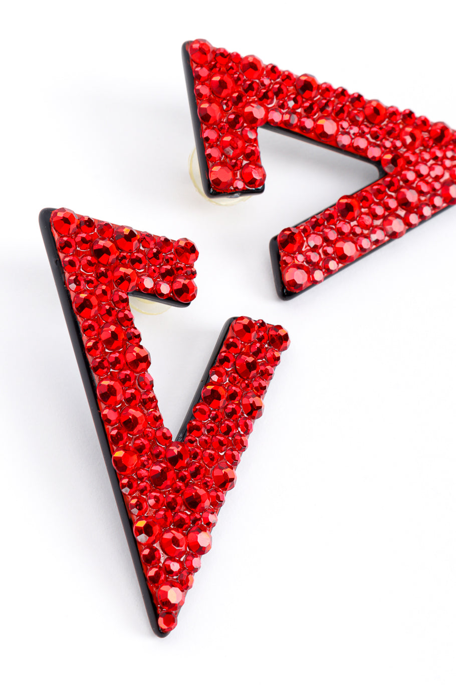 Vintage Red Rhinestone Split Triangle Earrings front closeup @recess la