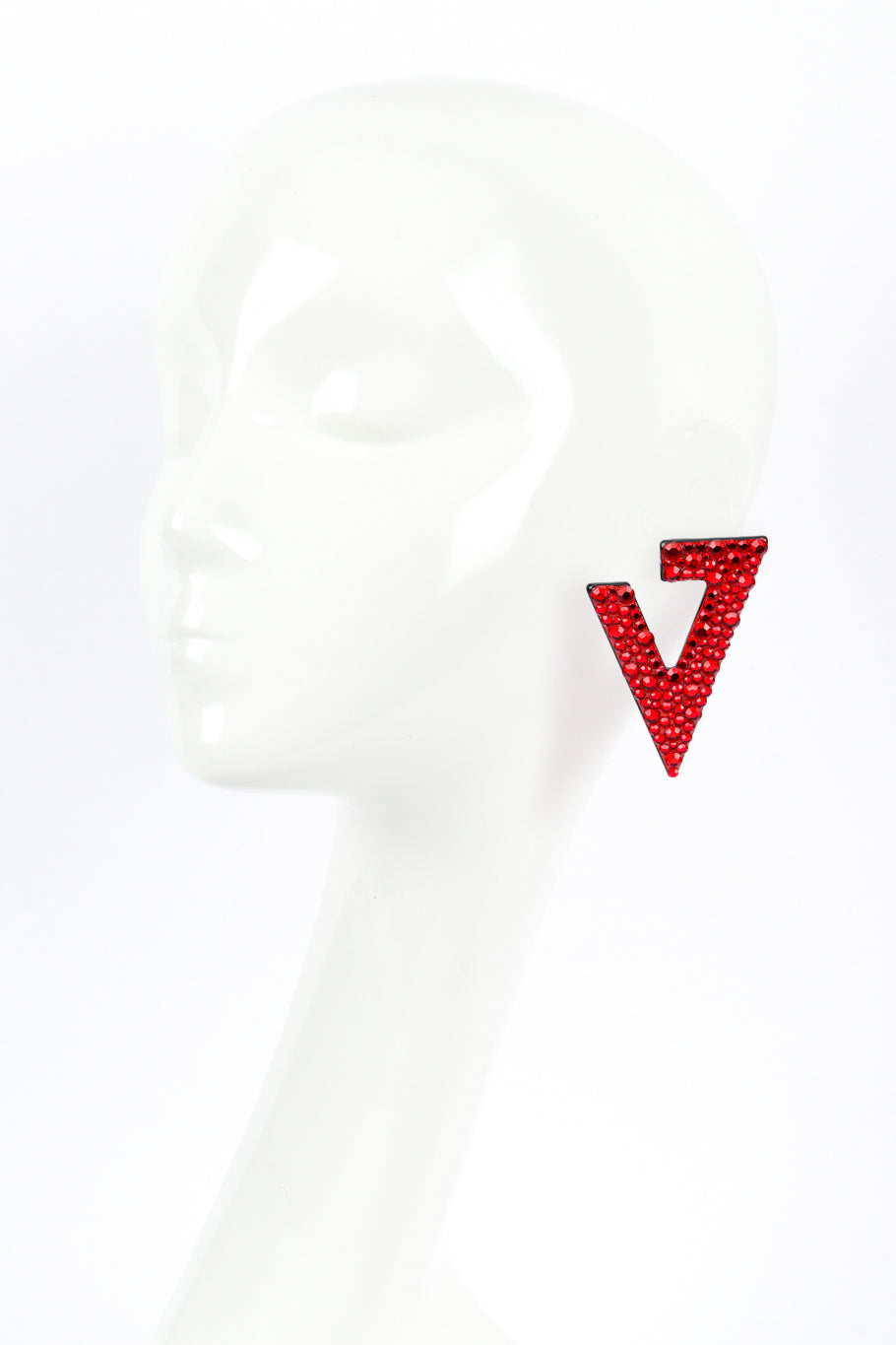Vintage Red Rhinestone Split Triangle Earrings on mannequin @recess la