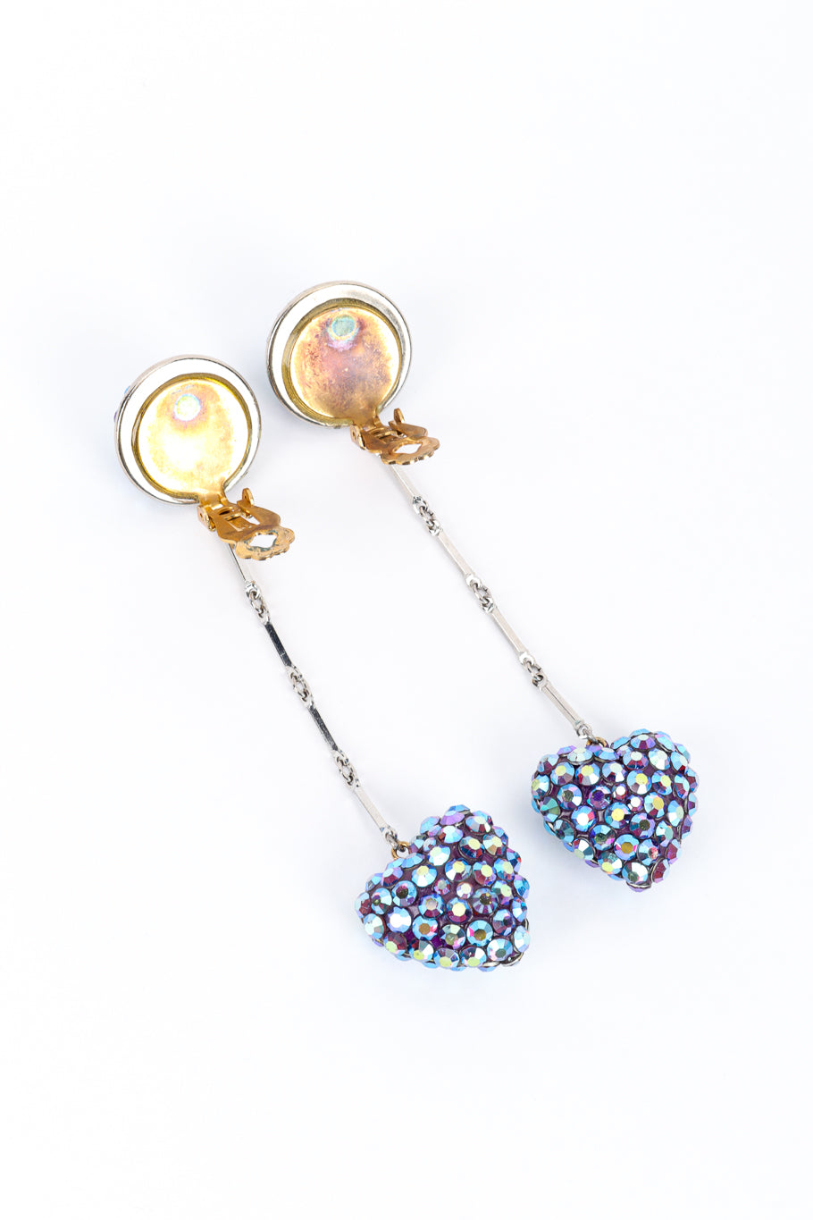 Vintage Long Crystal Heart Drop Earrings clips unfastened @recess la