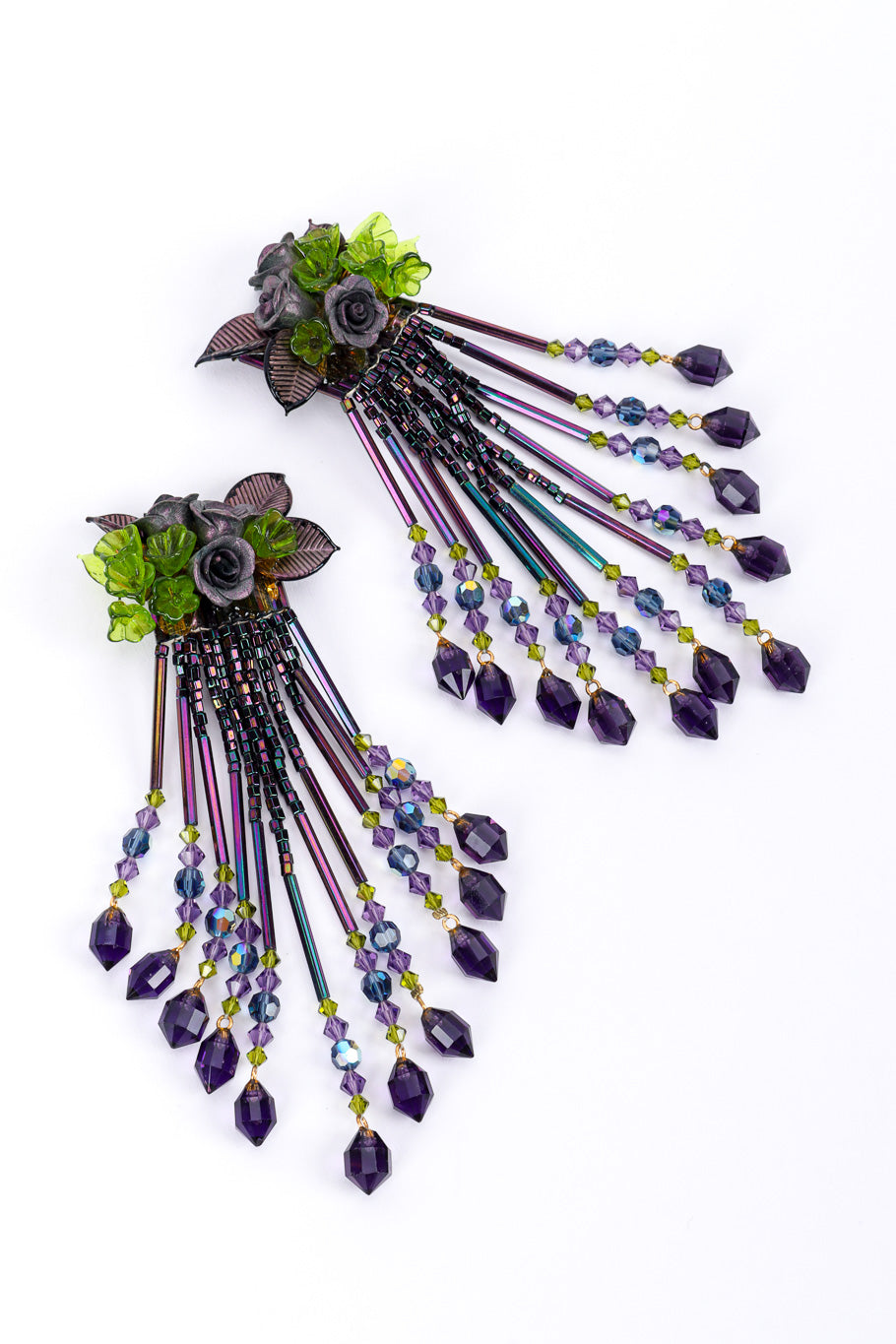 Vintage Sculpted Rose and Bead Fringe Earrings front view @recessla