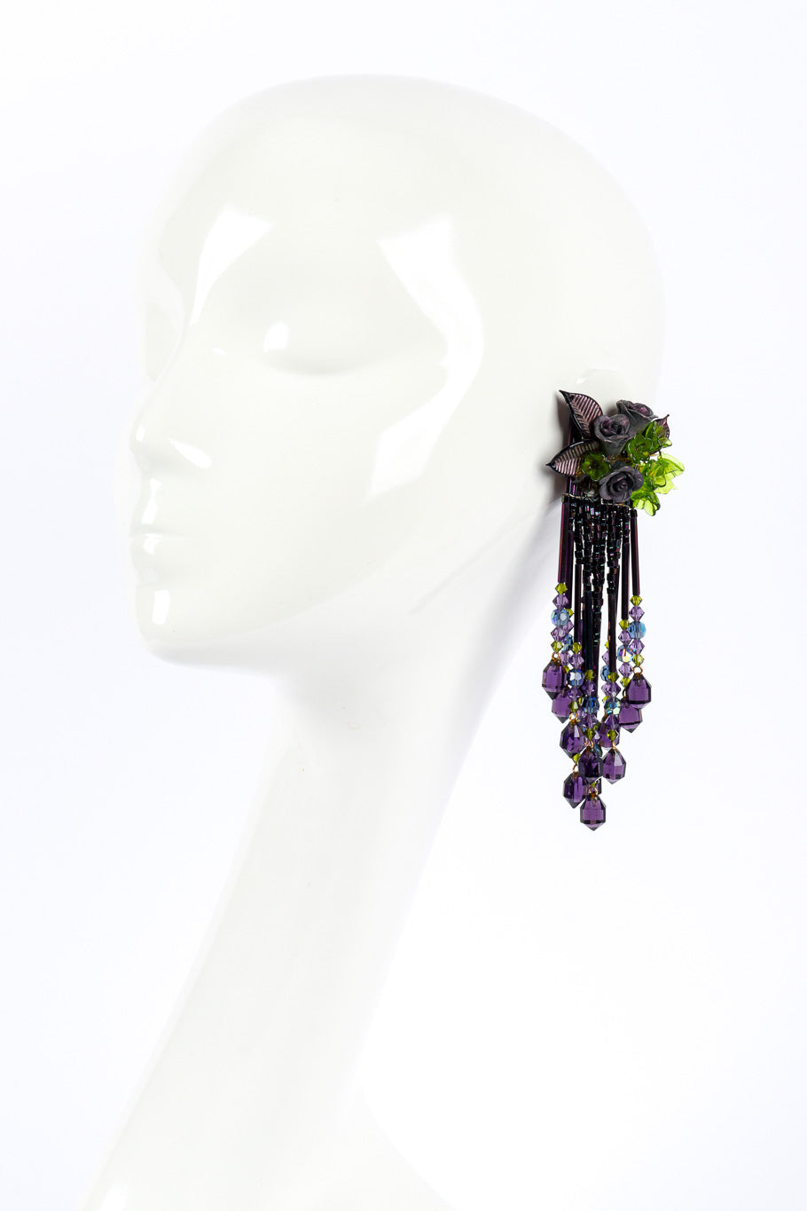 Vintage Sculpted Rose and Bead Fringe Earrings on mannequin @recessla