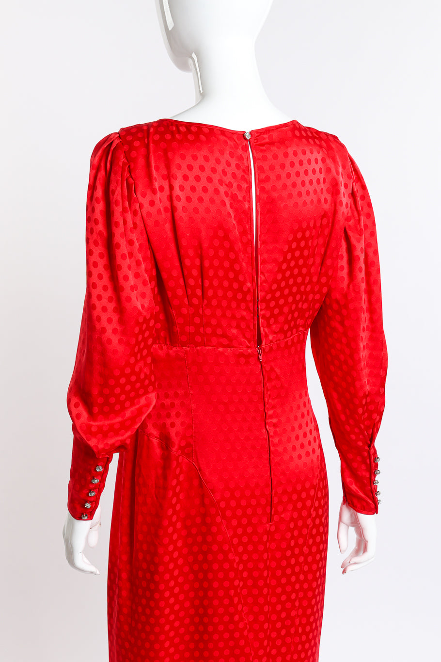 Vintage Emanuel Ungaro Silk Dot Fishtail Dress back on mannequin closeup @recess la