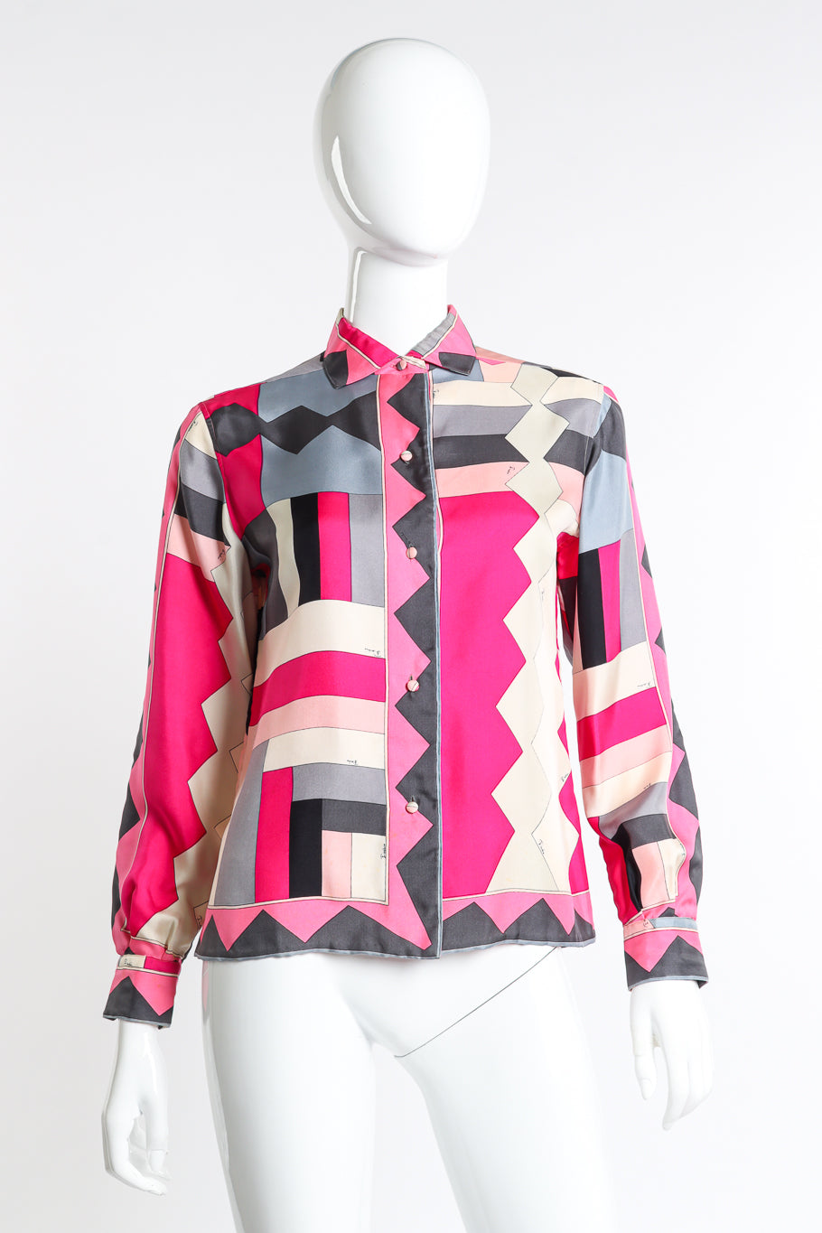 Vintage Emilio Pucci geometric pink patterned blouse front view on mannequin @Recess LA