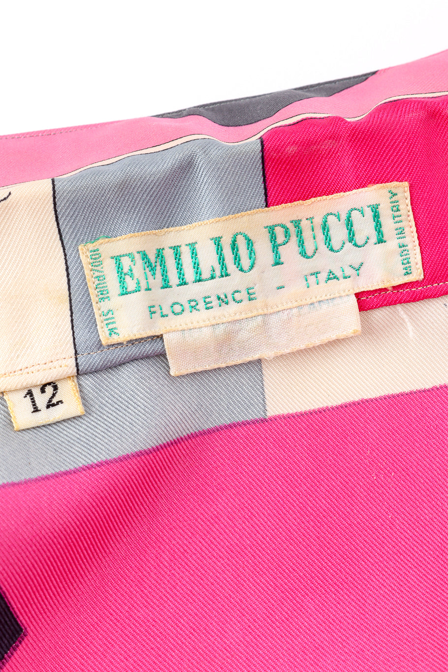 Vintage Emilio Pucci geometric pink patterned blouse close up of inside Pucci label  @Recess LA