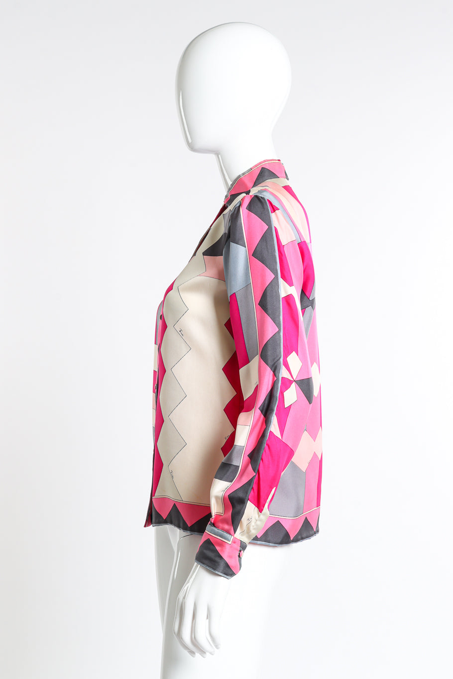 Vintage Emilio Pucci geometric pink patterned blouse left sleeve view on mannequin @Recess LA