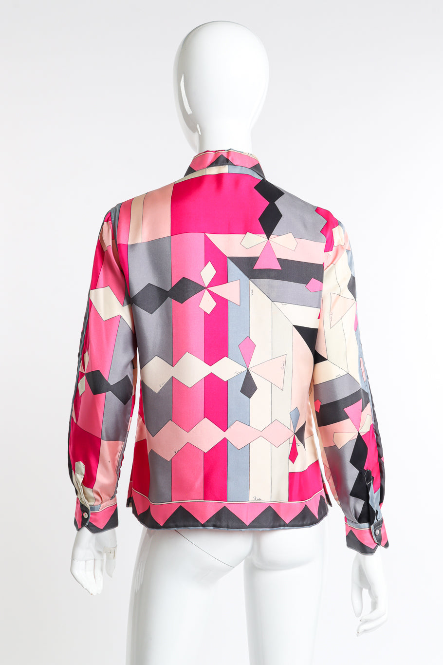 Vintage Emilio Pucci geometric pink patterned blouse back view on mannequin @Recess LA