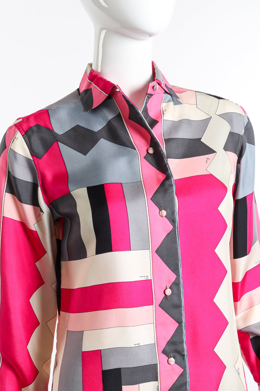 Vintage Emilio Pucci geometric pink patterned blouse  close up front view on mannequin @Recess LA