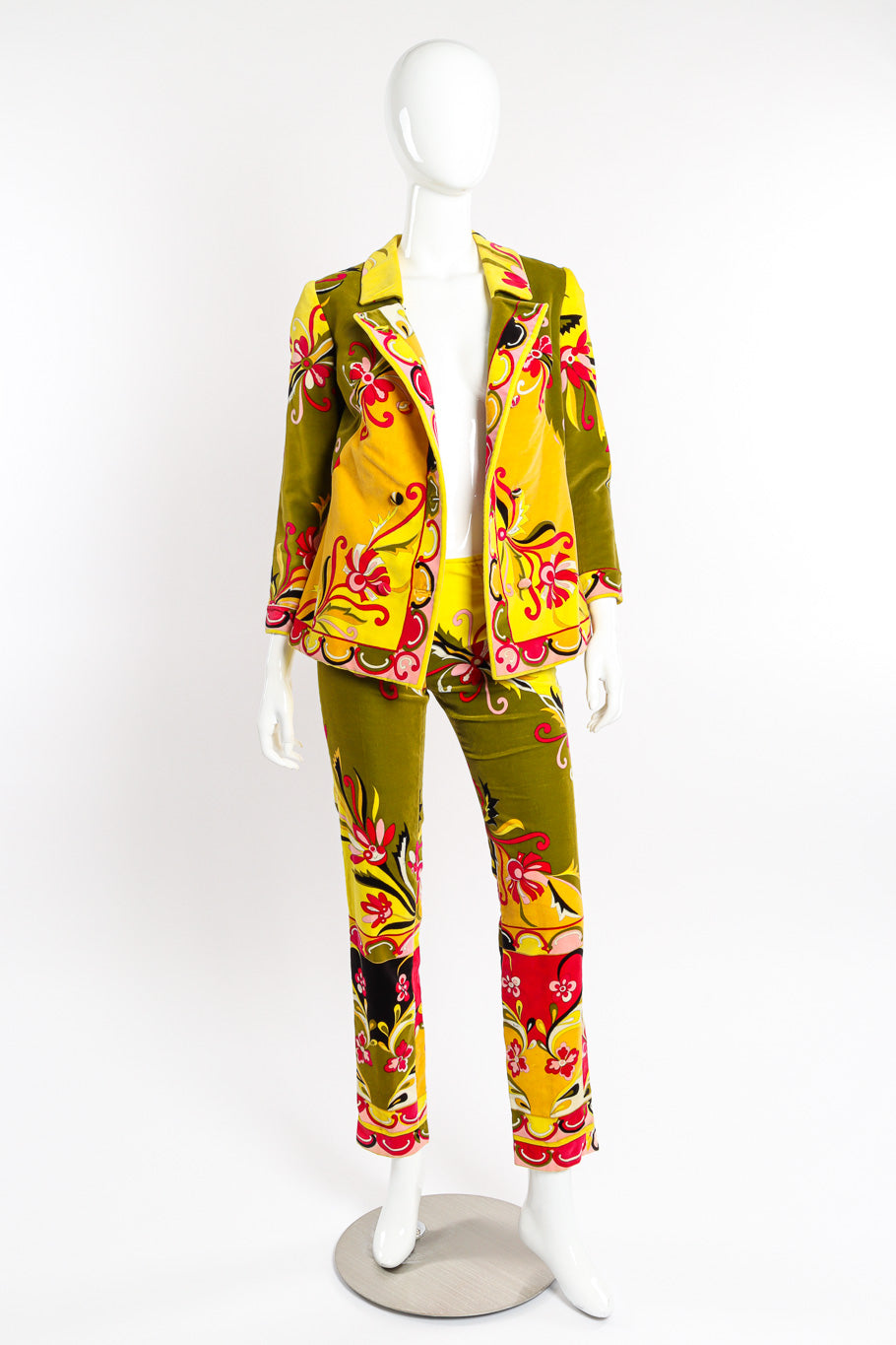 Mod floral pantsuit by Emilio Pucci on mannequin jacket open @recessla