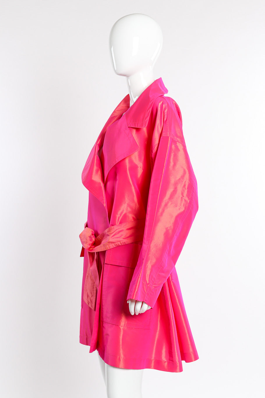 Vintage Escada Oversized Silk Trench Coat side on mannequin closeup @recessla