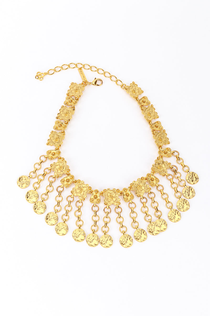 Vintage Oscar de la Renta Golden Byzantine Coin Drop Collar Necklace front @recess la