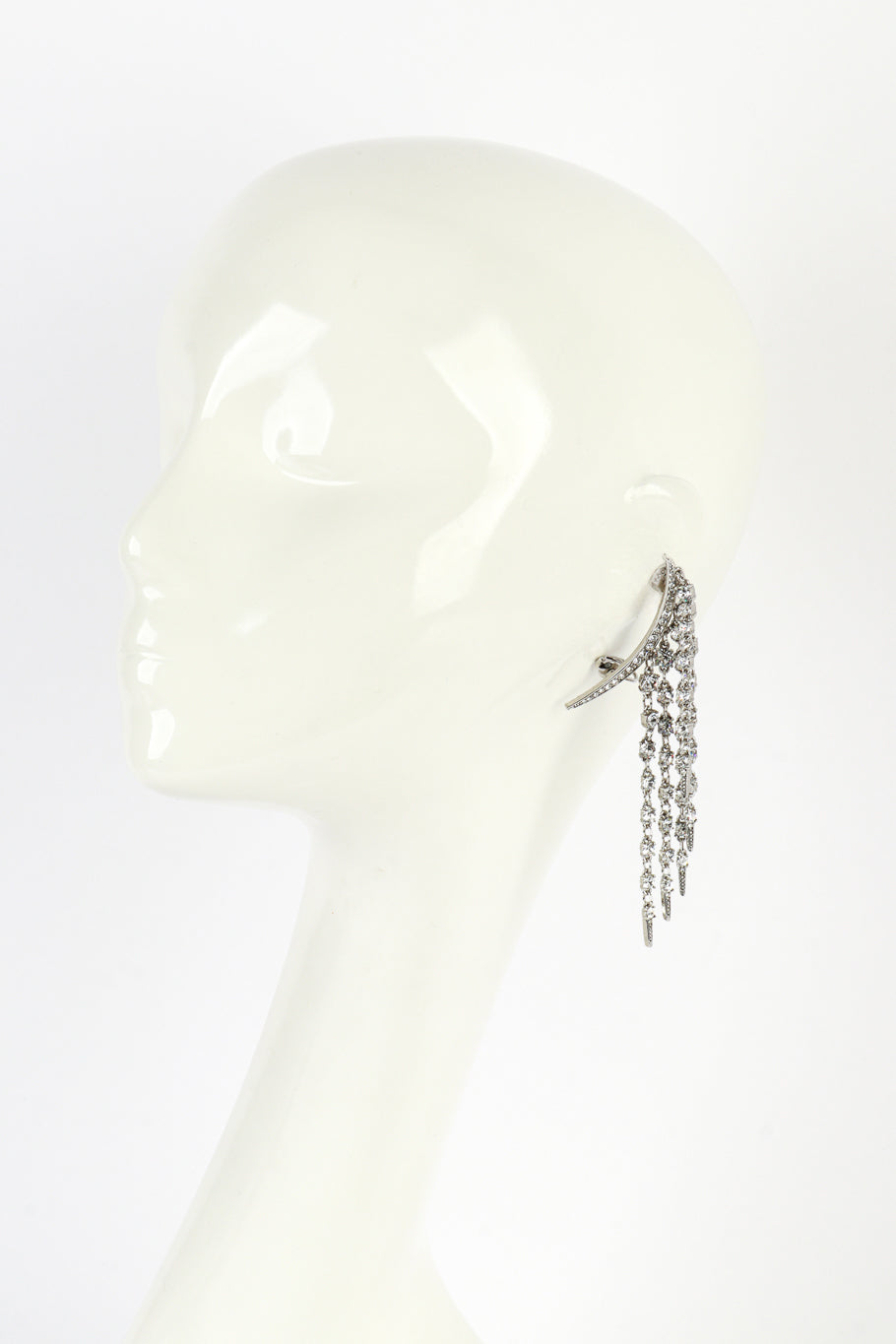 Vintage Oscar de la Renta Silver Crescent Moon & Falling Stars Crawler Earrings on mannequin @recess la