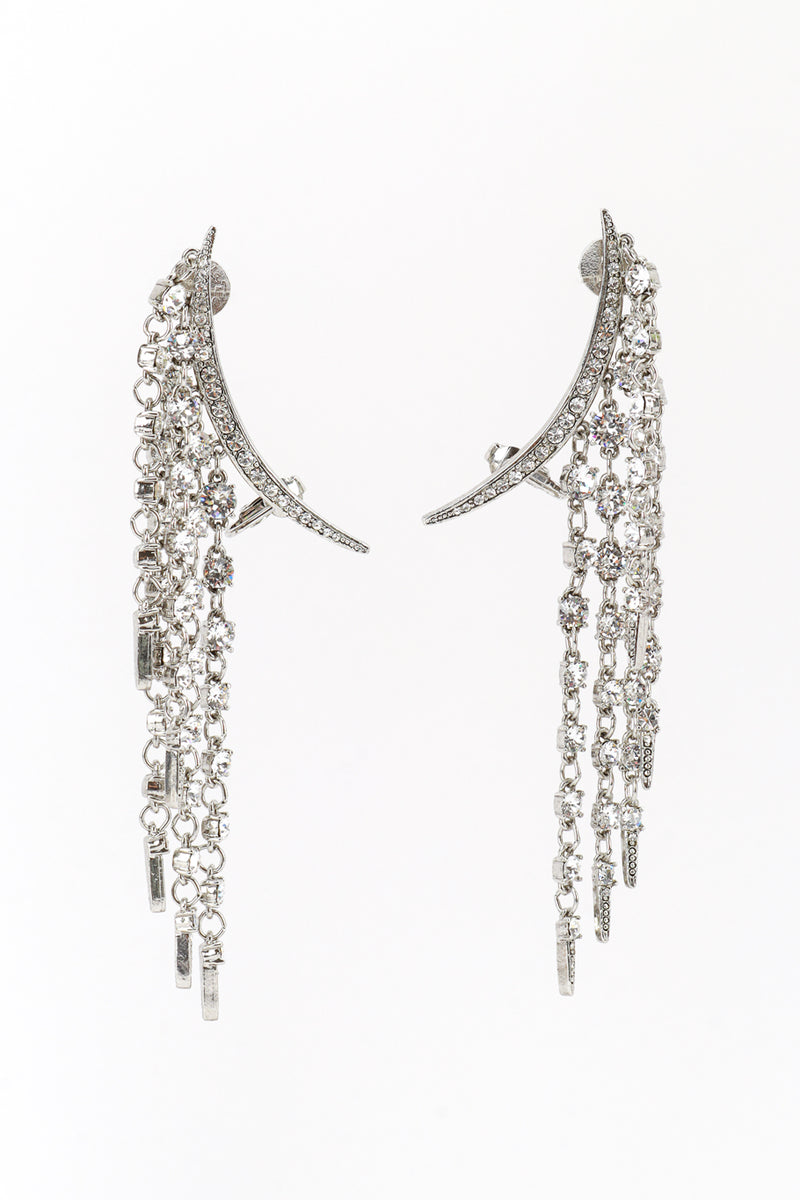 Vintage Oscar de la Renta Silver Crescent Moon & Falling Stars Crawler Earrings front @recess la