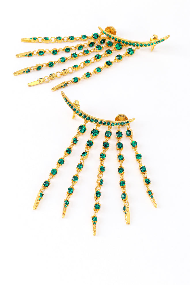 Vintage Oscar de la Renta Emerald Crescent Moon & Falling Stars Crawler Earrings detail @recess la