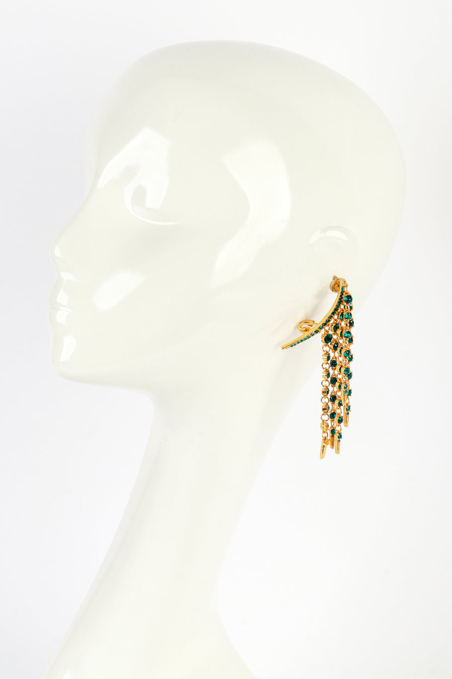 Vintage Oscar de la Renta Emerald Crescent Moon & Falling Stars Crawler Earrings on mannequin @recess la