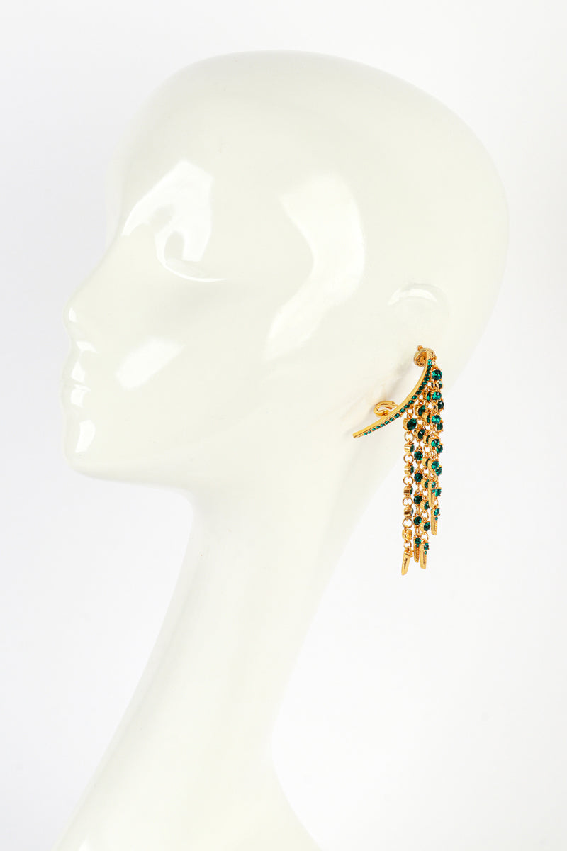 Vintage Oscar de la Renta Emerald Crescent Moon & Falling Stars Crawler Earrings on mannequin @recess la