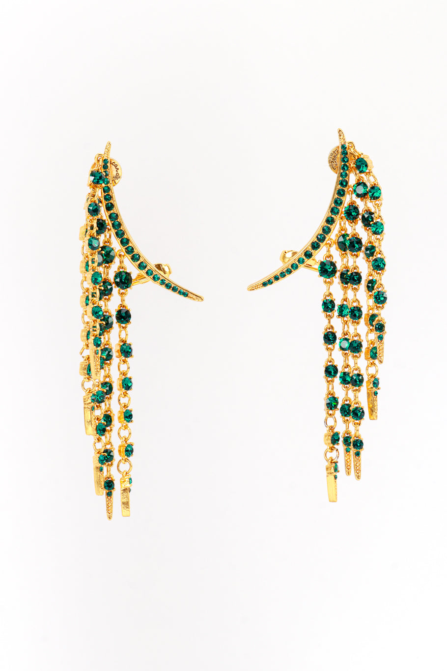 Vintage Oscar de la Renta Emerald Crescent Moon & Falling Stars Crawler Earrings front @recess la