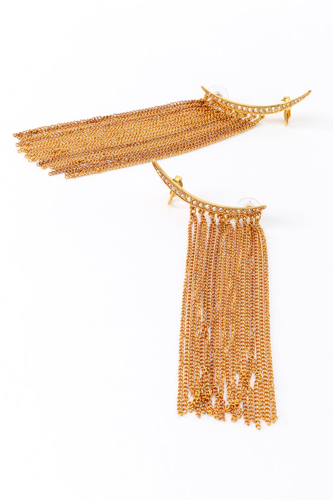Vintage Oscar de la Renta Golden Crescent Moon & Falling Fringe Crawler Earrings detail @recess la
