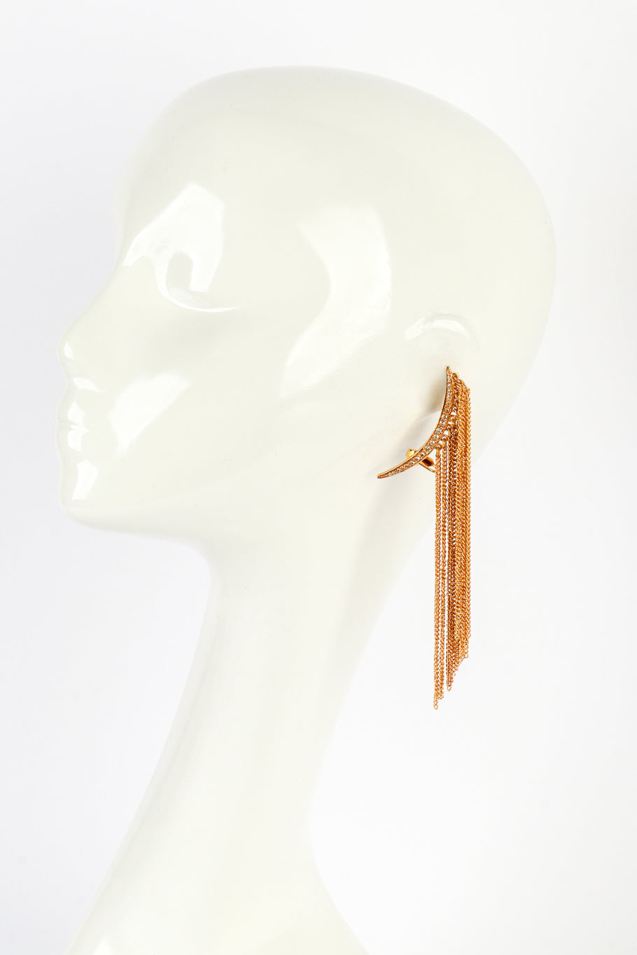 Vintage Oscar de la Renta Golden Crescent Moon & Falling Fringe Crawler Earrings on mannequin @recess la